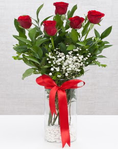 cam vazo içerisinde 5 adet kırmızı gül  Mersin çiçek satışı 