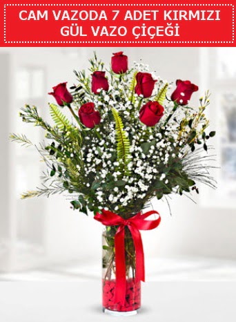 Cam vazoda 7 adet kırmızı gül çiçeği  Mersin 14 şubat sevgililer günü çiçek 