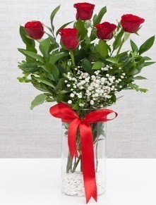 cam vazo içerisinde 5 adet kırmızı gül  Mersin çiçek satışı 